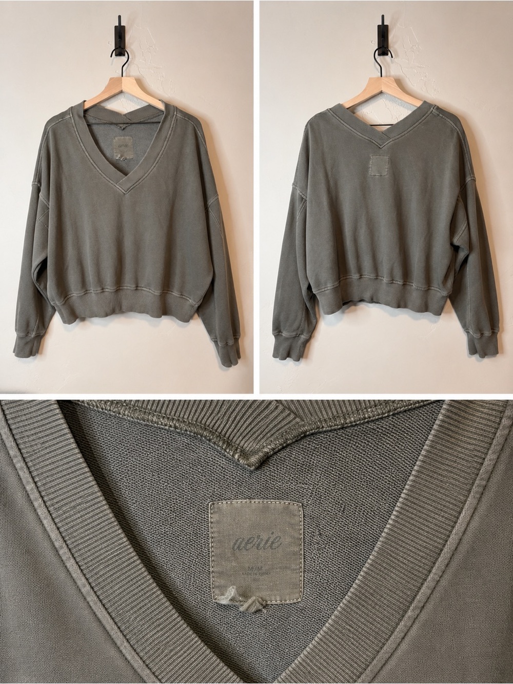 Aerie Oversized V-Neck Pullover Sweatshirt Washed Green M - Picture 2 of 2